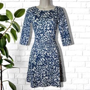 H&M Leopard White & Teal 3/4 Quarter Sleeve Fit & Flare Dress
